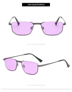 Detail view of half-frame gunmetal sunglasses with purple lenses and black temple tips