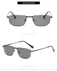 Dual view of gunmetal half-frame rectangular polarized sunglasses with black temple tips