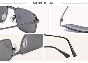 Detailed views of semi-rimless metal sunglasses with sturdy hinges and silicone nose pads
