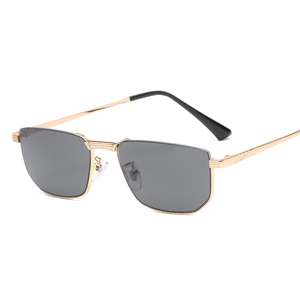 Retro square half-frame metal sunglasses with gold frames and dark grey lenses for men