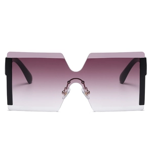 Modern oversized square rimless sunglasses with purple gradient lenses and black temples