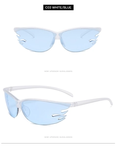Vues de face et de profil de lunettes de sport blanches avec verres flammes bleus