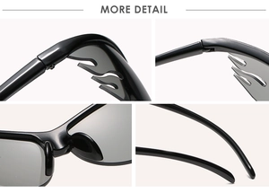 Détails de lunettes de soleil flamme noire montrant la découpe et les charnières