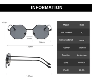 Detailed size specifications and dimensions for octagonal vintage metal frame sunglasses