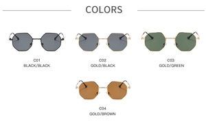 Detail showing four color options of retro octagonal metal sunglasses with sleek frames