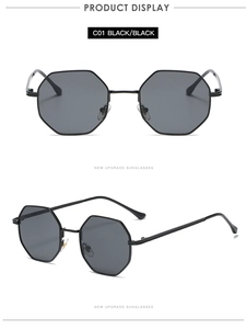 Detail view of octagon metal sunglasses with black frames and dark lenses from two angles