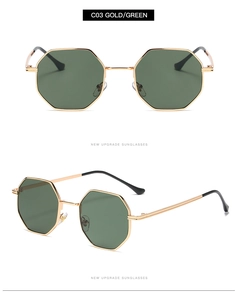 Macro view of gold metal octagonal sunglasses frame with dark green lenses and C03 model tag