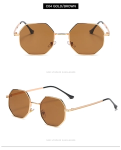 Front and side view of octagonal gold metal sunglasses with brown lenses and black tips