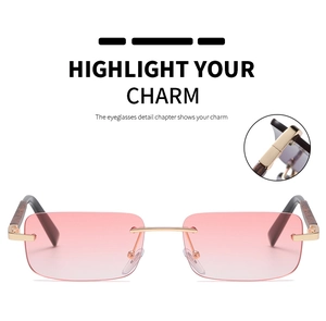Detail of wood grain temples and metal hinge on square rimless pink gradient sunglasses