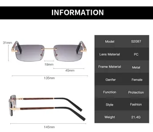 Size chart for square rimless sunglasses showing lens width and wood grain temple details