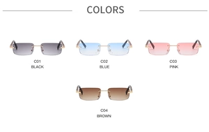 Detailed grid of frameless rectangle sunglasses with wood grain temples and gradient lenses