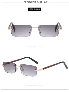 Detail of rimless rectangle sunglasses with wood texture temples and gradient lenses