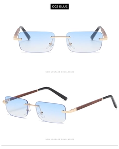Detail of rimless square sunglasses with blue gradient lenses and wood grain temples
