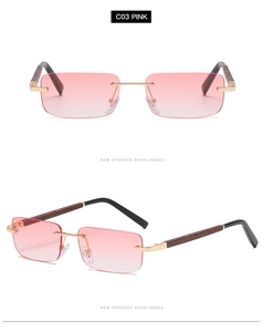 Close-up of pink gradient rimless lenses and dark wood grain temples on square sunglasses