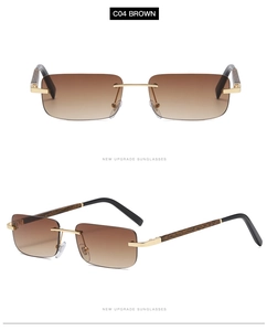 Detail of rimless rectangle sunglasses with brown gradient lenses and wood grain temples