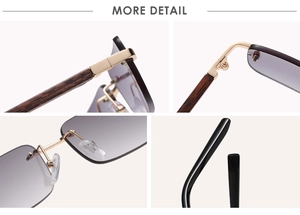 Detail view of square rimless sunglasses with wood grain temples and golden hinges
