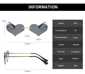Detailed size chart for heart shaped flame sunglasses with gold metal temples