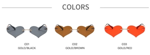 Frameless heart-shaped flame sunglasses in black, brown, and red with gold metal temples