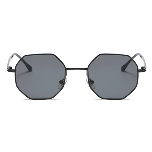 Retro octagonal metal sunglasses with dark gray lenses and a sleek black geometric frame