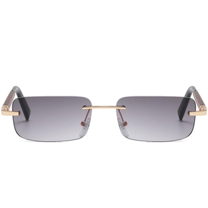 Frameless square retro sunglasses with gradient purple lenses and wood grain temples