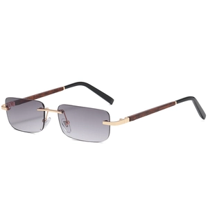 Retro rimless square sunglasses with wood grain temples and grey gradient lenses