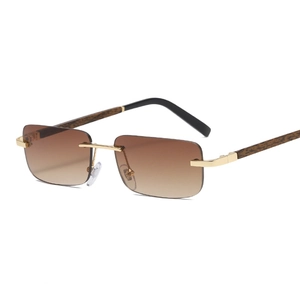 Retro square rimless sunglasses with gradient brown lenses and stylish wood grain temples