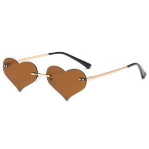 Frameless heart shaped flame sunglasses with gold metal frame and brown lenses