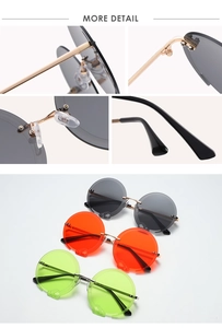 Detailsicht der runden rahmenlosen Sonnenbrille mit goldenen Bügeln und Silikonnasenpads
