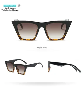 Vues détaillées de lunettes de soleil œil-de-chat avec monture noire écaille et verres bruns