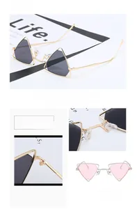 Detailed macro view of triangle sunglasses featuring metal hollow frames and silicone nose pads