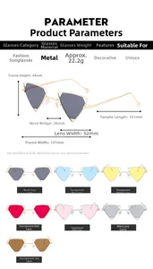 Detailed size chart for punk triangle sunglasses with dimensions and metal frame specs
