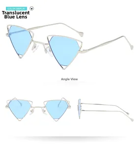 Detail of triangle sunglasses with transparent blue lenses and hollow metal frame