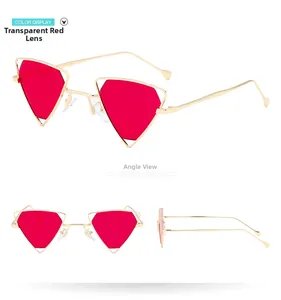 Three-angle views of triangular metal sunglasses with transparent red resin lenses
