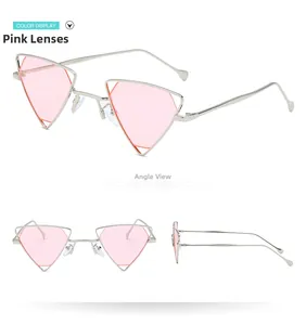 Detail view of silver triangle punk sunglasses with transparent pink lenses from three angles