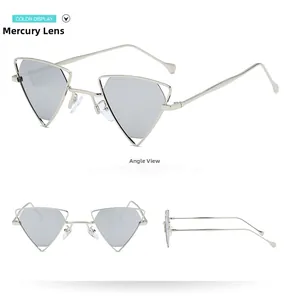 Three angles of punk triangle sunglasses with silver metal frames and mercury lenses