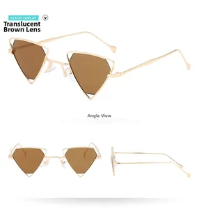 Detailed views of punk triangle sunglasses with gold metal frame and tea-colored lenses