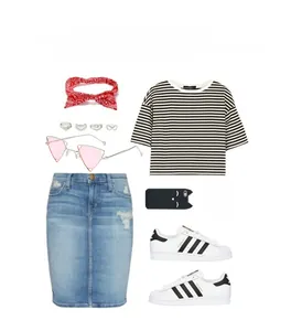 Flat lay fashion set featuring pink triangle sunglasses and casual summer outfit