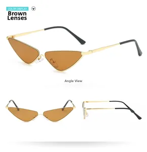 Vue détaillée des petites lunettes de soleil triangle avec monture dorée et verre brun