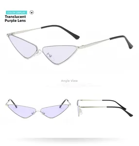 Vue détaillée de petites lunettes de soleil en métal avec verres violets et monture argent