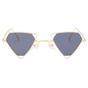 Punk style triangular sunglasses with gold hollow metal frame and dark grey lenses