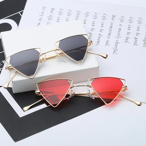 Punk style triangle metal sunglasses with gold hollow frames in black and red lenses