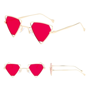 Punk style triangular sunglasses with red lenses and gold metal frame in three views