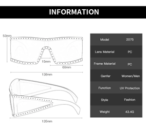 Detailed technical schematic of oversized square frame sunglasses with exact dimensions
