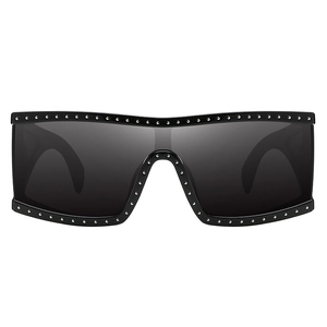 Oversized shield sunglasses in black with silver punk rivets and dark gray lenses