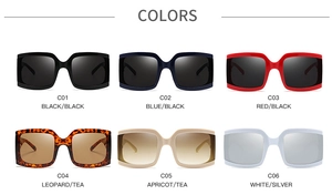 Grille détaillée montrant six lunettes de soleil carrées élégantes en plusieurs coloris