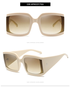 Détails des lunettes de soleil carrées oversize abricot avec verres dégradés thé et clous
