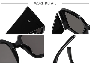 Détails de lunettes de soleil carrées noires avec rivets métalliques et charnières solides