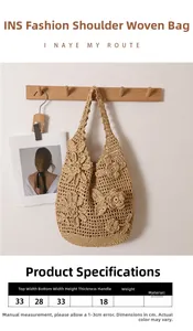 Größentabelle für beige Strohtasche: Maße 33x33x28cm mit 18cm Henkelhöhe im Detail