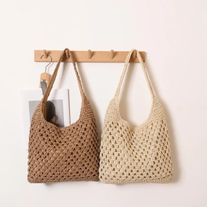 Sac À Épaule Tissé Ajouré En Paille Grande Capacité Fourre-Tout De Plage Vacances Crochet Papier Style Bohême Femmes