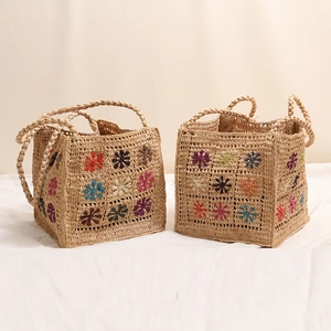 Borsa a Spalla da Donna in Paglia di Rafia Intrecciata a Mano con Ricamo Floreale Quadrata Tote per Vacanza Spiaggia con Coulisse